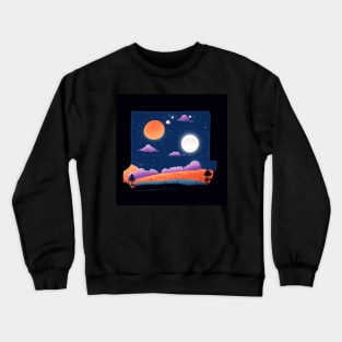 A whimsical cartoon landscape of a starry night sky with a bright full moon illuminating the landscape with in a box Crewneck Sweatshirt